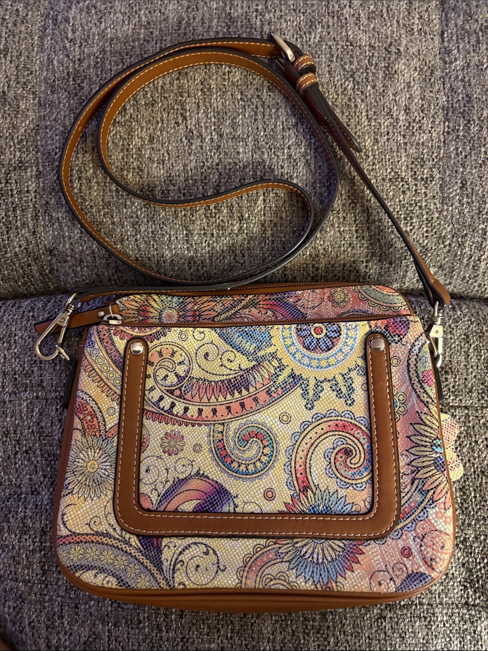 M.C. Women's Multicolor Paisley Crossbody Bag with Adjustable Strap. 9x7x2.